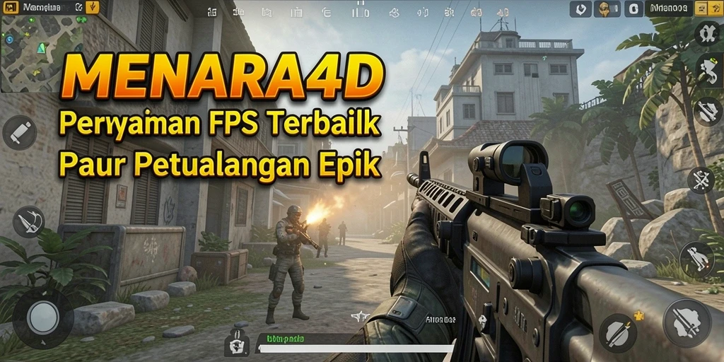 Tangkapan layar MENARA4D yang menunjukkan aksi gameplay FPS yang intens.
