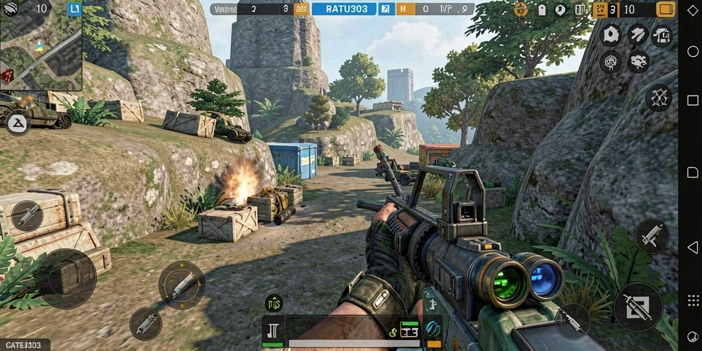 Screenshot gameplay RATU303 menampilkan pertarungan seru dalam mode TPS.