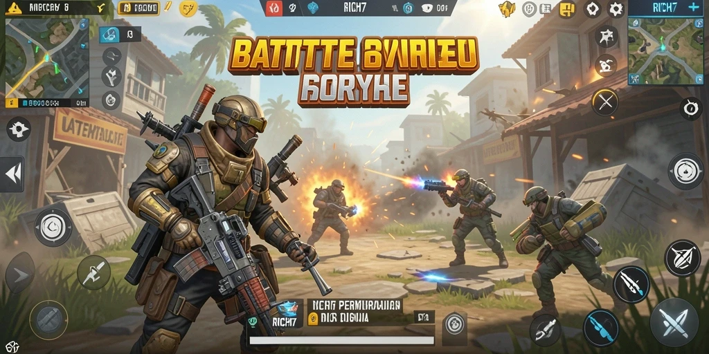 Tangkapan layar RICH7 menampilkan aksi pertempuran Battle Royale yang mendebarkan.